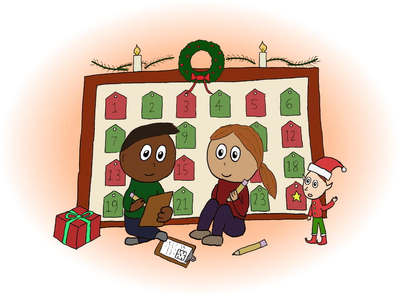 Illustration of two people solving puzzles with an elf in front of an advent calendar board.